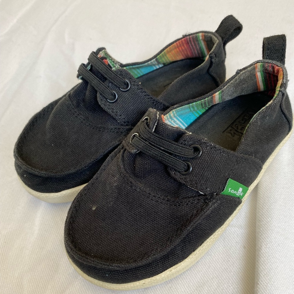 Sanuk Offshore Boat Shoes Kids Black Canvas Size 8 EUC
